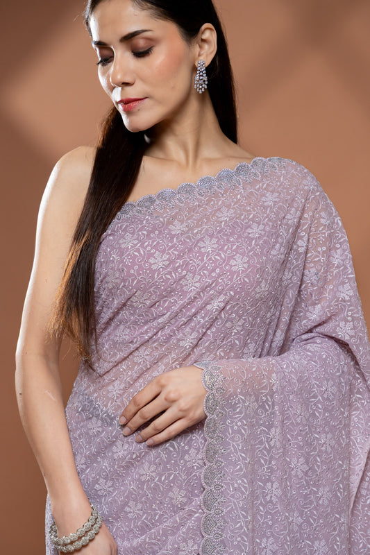 Mauve Georgette Saree With Unstitched Blouse