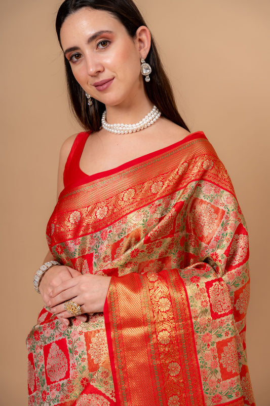 Grace Redefined Red Banarasi Saree With Square-Shaped Jaal And Zari Border With Unstitched Blouse