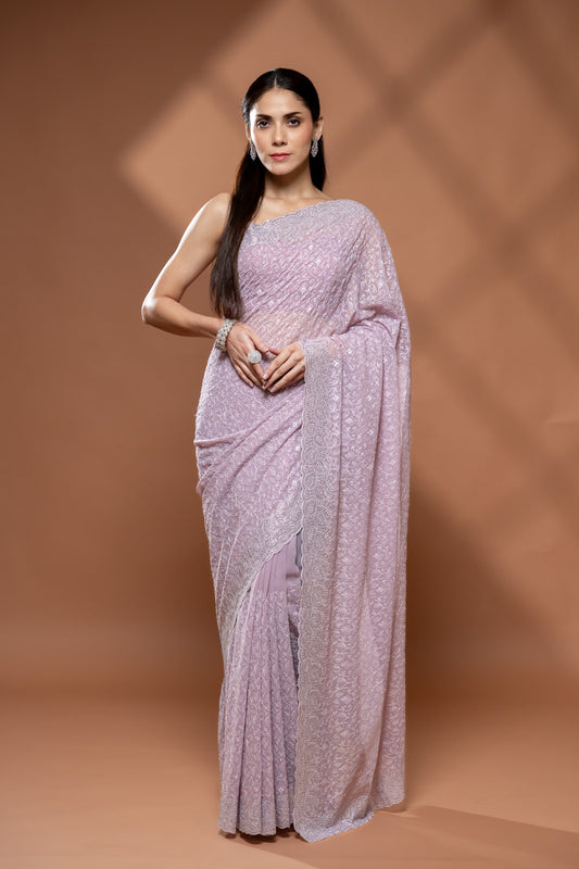 Mauve Georgette Saree With Unstitched Blouse