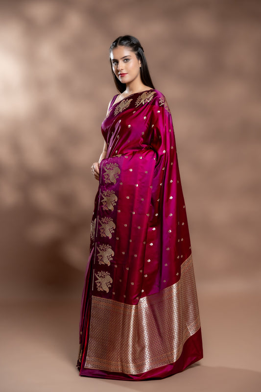 Garnet Banarasi Silk Saree With Unstitched Blouse
