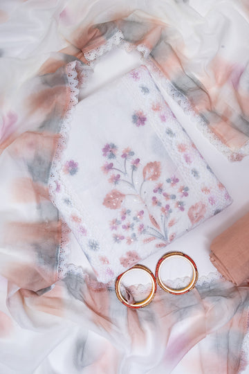 White Peach Cotton Unstitched Salwar Suit With Chiffon Dupatta