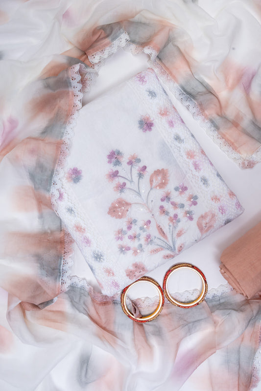 White Peach Cotton Unstitched Salwar Suit With Chiffon Dupatta