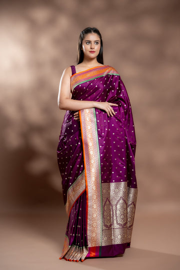 Magenta Banarasi Silk Saree With Unstitched Blouse