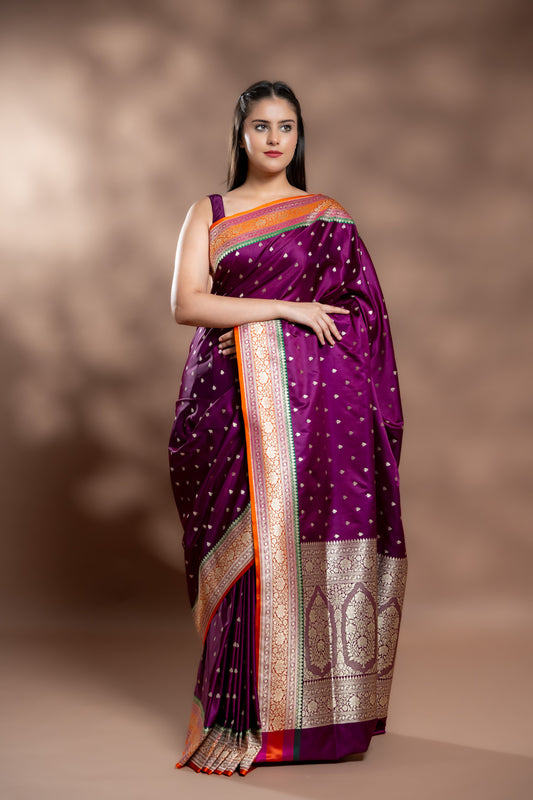 Magenta Banarasi Silk Saree With Unstitched Blouse