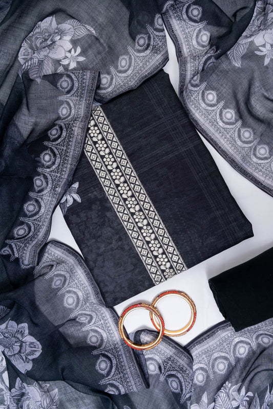 Black Cotton Unstitched Salwar Suit With Cotton Dupatta