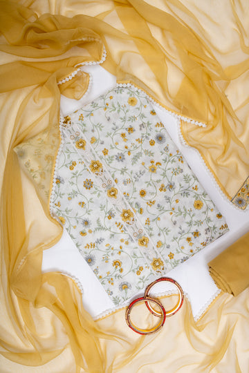 Off White Mango Gold Cotton Unstitched Salwar Suit With Chiffon Dupatta