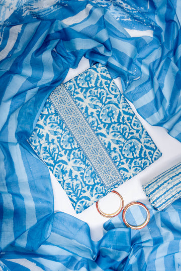 Sky Blue Cotton Unstitched Salwar Suit With Cotton Dupatta