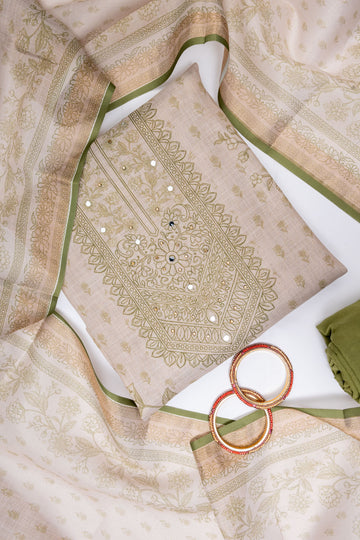 Tussar Pista Cotton Unstitched Salwar Suit With Cotton Dupatta