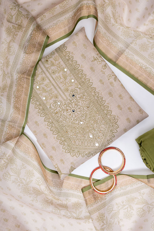 Tussar Pista Cotton Unstitched Salwar Suit With Cotton Dupatta