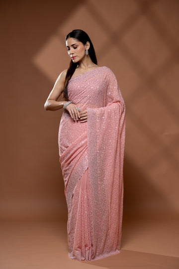 Peach Georgette Saree With Unstitched Blouse