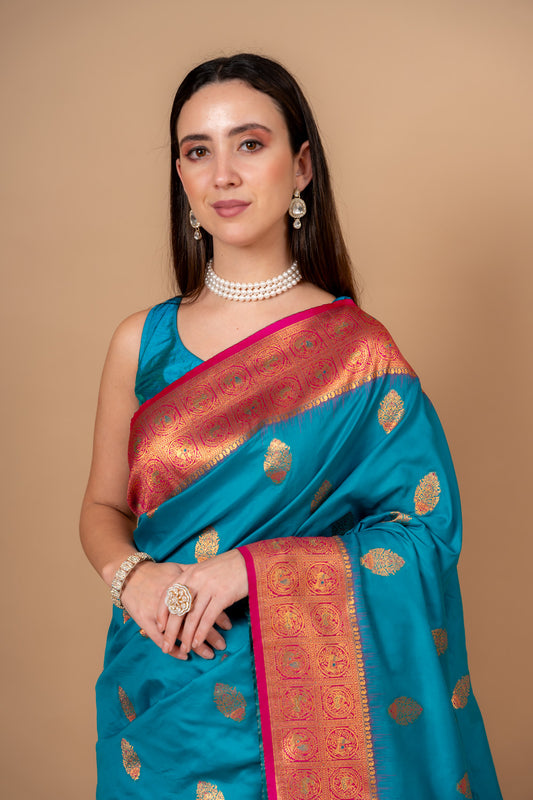 Effortless Glamour Rama Banarasi Silk Saree With Unstitched Blouse