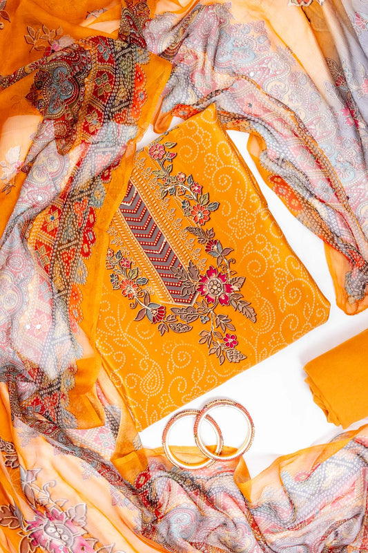 Mustard Crepe Unstitched Salwar Suit With Crepe Dupatta