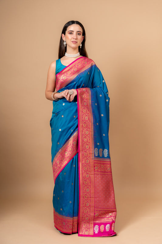 Statement Look Peacock Banarsi Woven Silk Saree With Unstitched Blouse