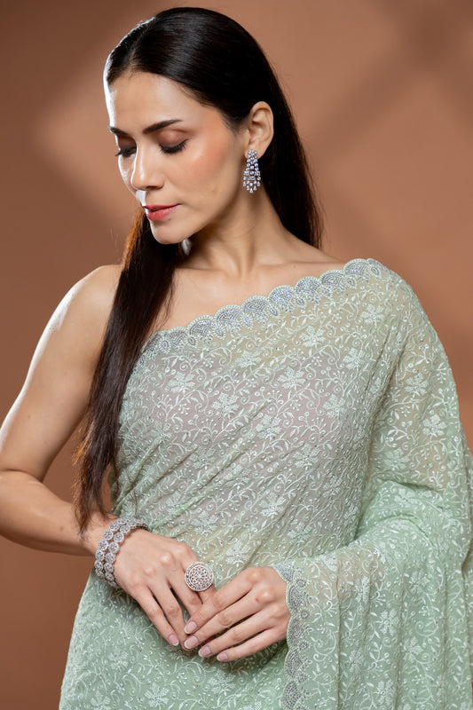 Pista Georgette Saree With Unstitched Blouse