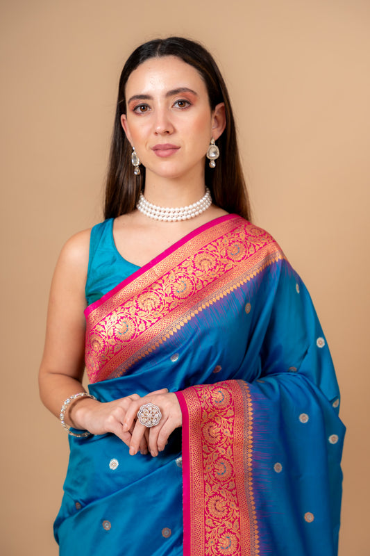Statement Look Peacock Banarsi Woven Silk Saree With Unstitched Blouse