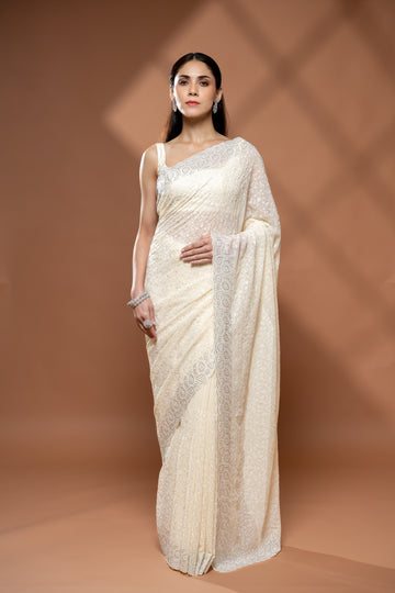 Off White Georgette Saree With Unstitched Blouse