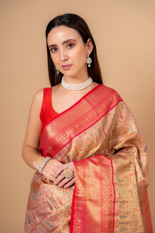 Timeless Beauty Tussar Banarasi Silk Saree And Woven Zari Border With Unstitched Blouse