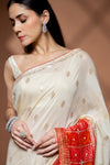 Off White Maroon Cotton Embroidered Saree With Unstitched Blouse