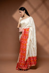 Off White Maroon Cotton Embroidered Saree With Unstitched Blouse