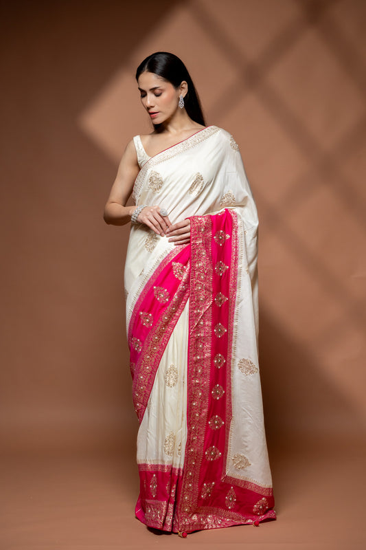 Off White Rani Cotton Embroidered Saree With Unstitched Blouse