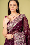 Regal And Radiant Garnet Organza Floral Saree With Unstitched Blouse