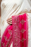 Off White Rani Cotton Embroidered Saree With Unstitched Blouse