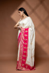 Off White Rani Cotton Embroidered Saree With Unstitched Blouse