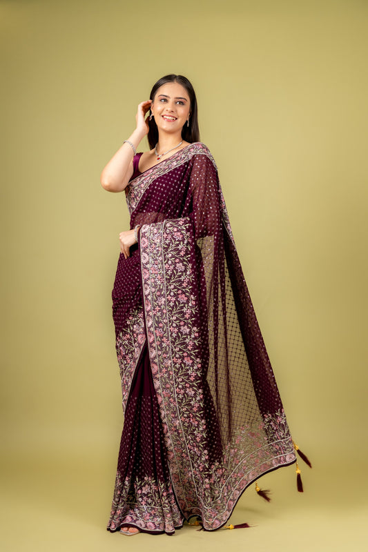 Regal And Radiant Garnet Organza Floral Saree With Unstitched Blouse