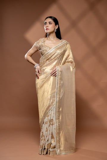 Tussar Shimmer Embroidered Saree With Unstitched Blouse