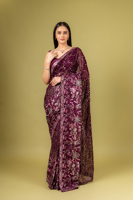 Regal And Radiant Garnet Georgette Floral Saree With Unstitched Blouse