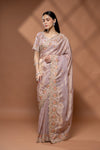 Onion Organza Embroidered Saree With Unstitched Blouse