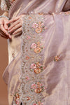 Onion Organza Embroidered Saree With Unstitched Blouse