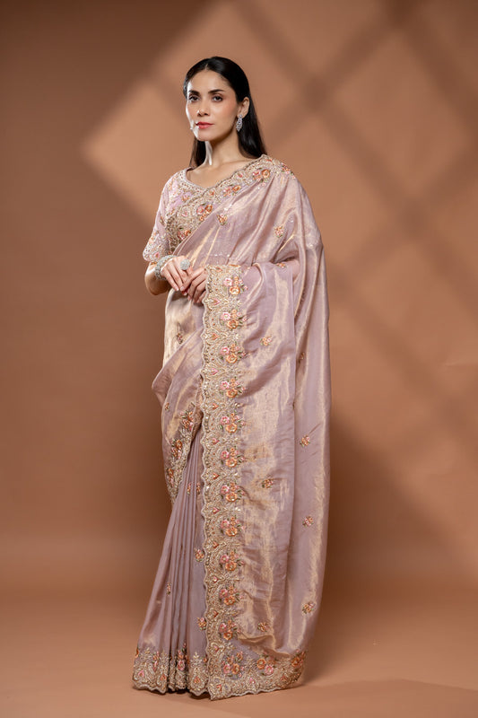 Onion Organza Embroidered Saree With Unstitched Blouse