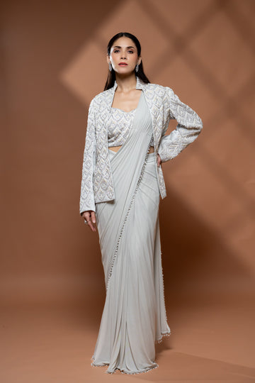 Grey Lycra Embroidered Saree With Unstitched Blouse