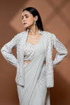 Grey Lycra Embroidered Saree With Unstitched Blouse