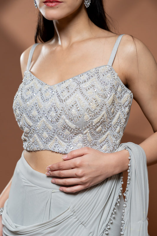 Grey Lycra Embroidered Saree With Unstitched Blouse