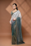 Grey Mint Green Net Embroidered Saree With Readymade Blouse