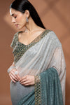 Grey Mint Green Net Embroidered Saree With Readymade Blouse