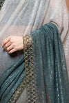 Grey Mint Green Net Embroidered Saree With Readymade Blouse