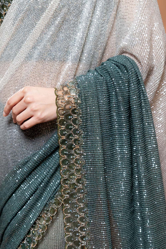 Grey Mint Green Net Embroidered Saree With Readymade Blouse
