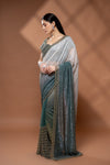 Grey Mint Green Net Embroidered Saree With Readymade Blouse