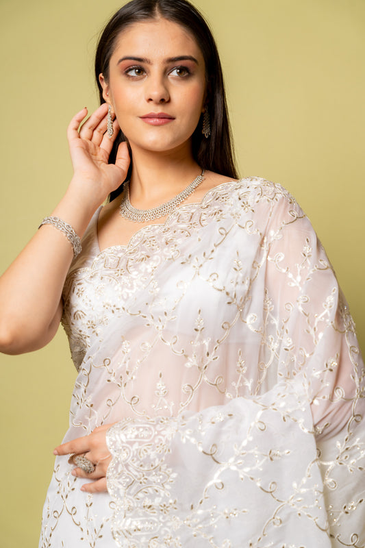 Effortlessly Beautiful Off White Organza Jaal Pattern Saree With Unstitched Blouse