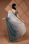 Grey Mint Green Net Embroidered Saree With Readymade Blouse