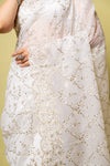Effortlessly Beautiful Off White Organza Jaal Print Saree With Unstitched Blouse