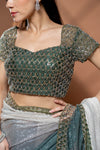 Grey Mint Green Net Embroidered Saree With Readymade Blouse
