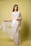 Effortlessly Beautiful Off White Organza Jaal Print Saree With Unstitched Blouse