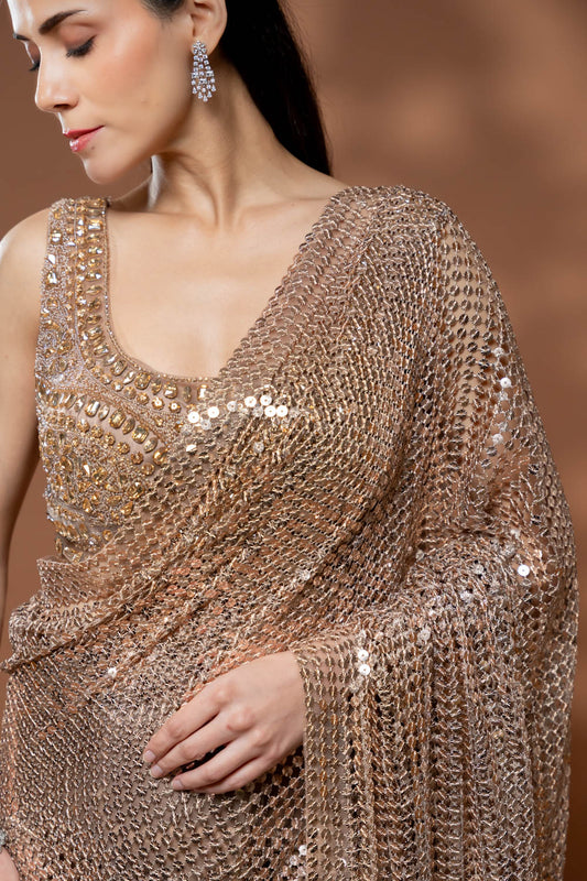 Tussar Net Embroidered Saree With Readymade Blouse