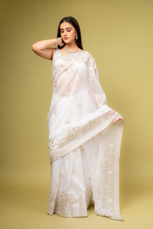 Effortlessly Beautiful Off White Organza Saree With Unstitched Blouse
