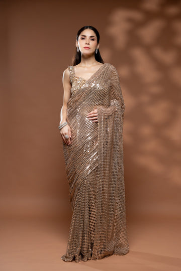Tussar Net Embroidered Saree With Readymade Blouse