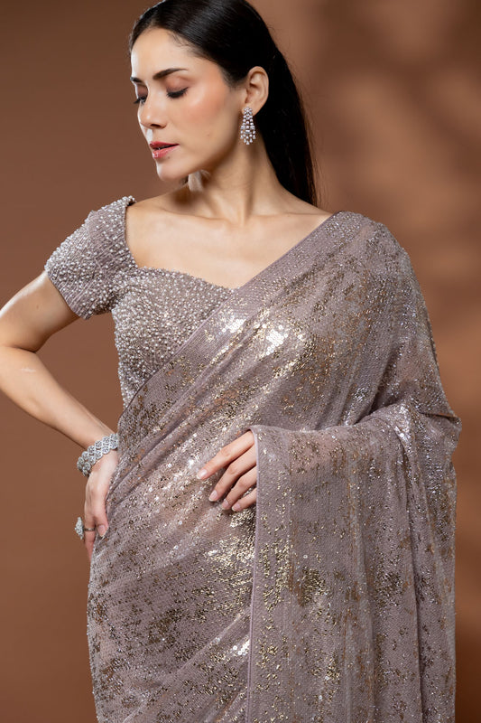 Onion Net Embroidered Saree With Readymade Blouse